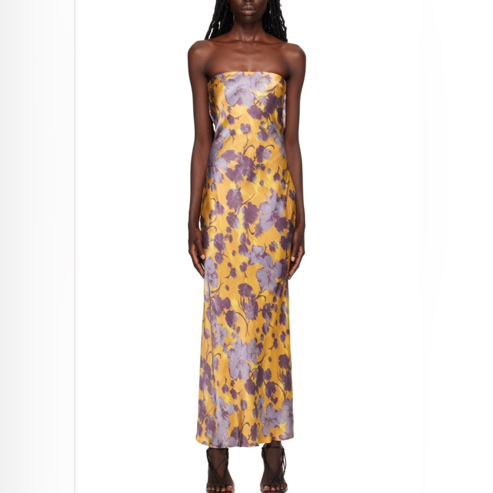 bec + bridge Yellow and Lavender Strapless Floral Column Dress